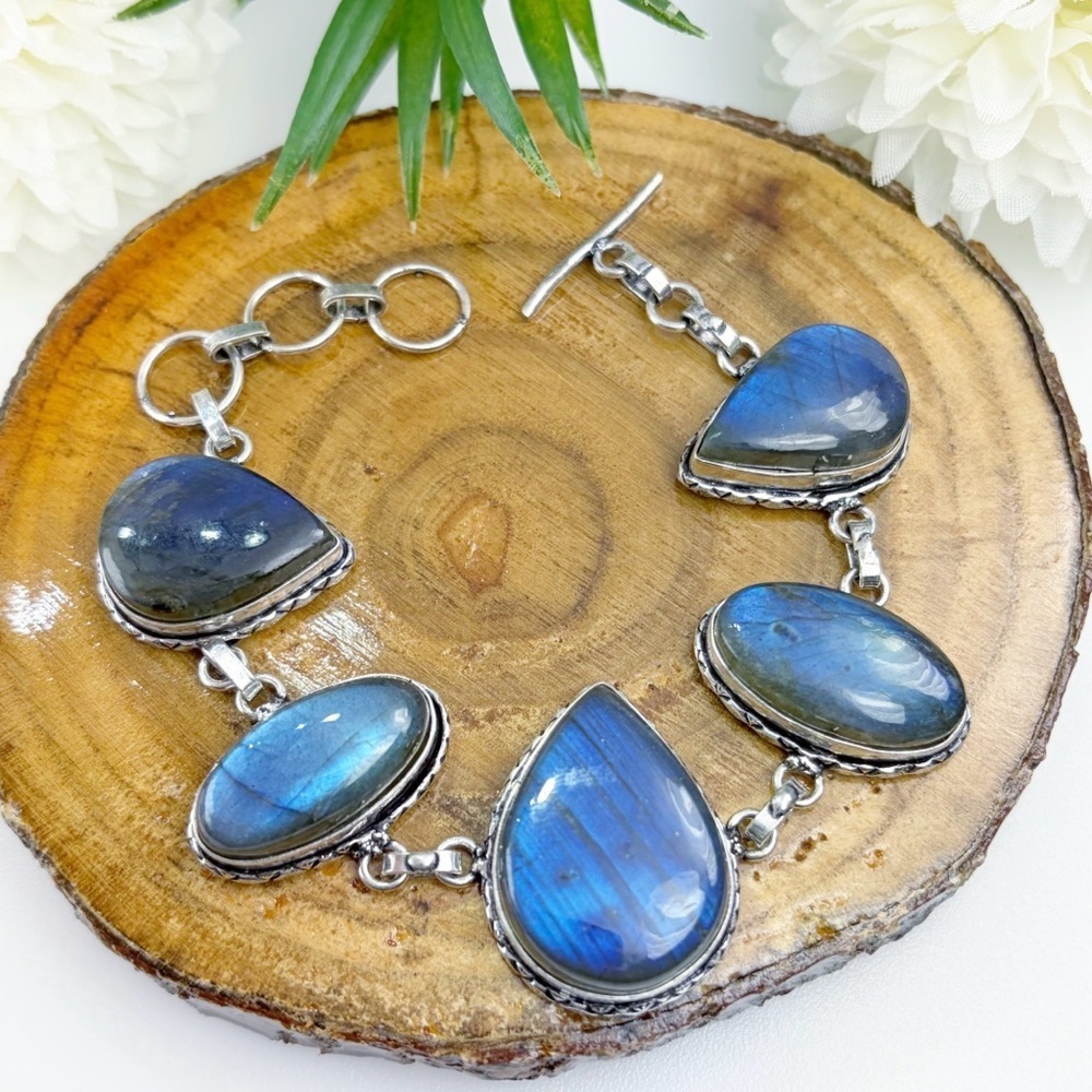 Blue Labradorite Bracelet Chunky Vintage Boho Southwest Style Pear Oval New 925